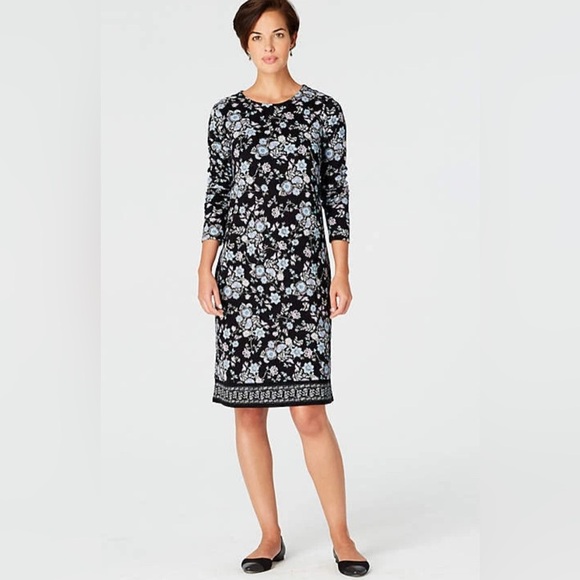 J.Jill Laced-Back Knit Dress Size M Lapis Batik Vines Black  Stretch Pockets - Picture 1 of 13